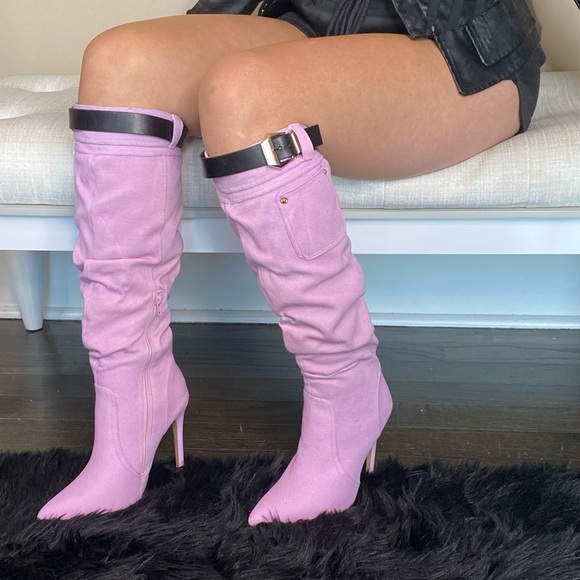 Heeled Buckled Pink Denim Boots - Picture 8 of 14